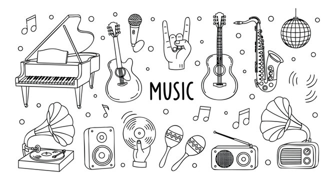 Hand drawn line art music elements set featuring musical instruments and sound equipment for entertainment designs
