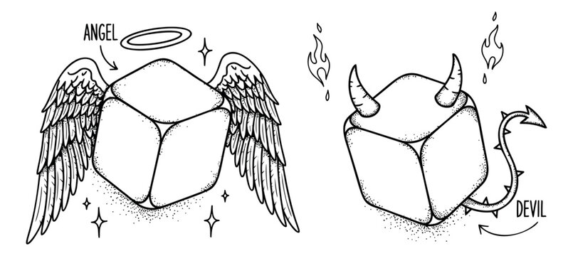 Hand drawn line art angel and devil cube set featuring celestial and demonic elements for depicting good versus evil