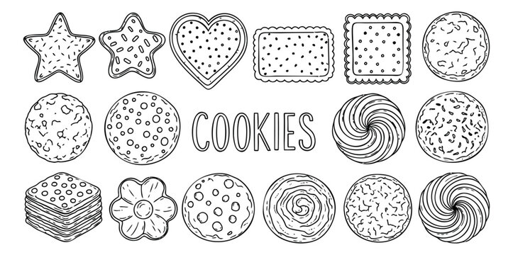Hand drawn line art cookies set featuring various biscuit shapes and the word cookies for sweet treat designs
