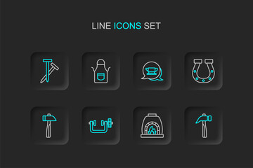 Fototapeta premium Set line Hammer, Blacksmith oven, Clamp and screw tool, Horseshoe, anvil, apron and Metallic nails icon. Vector