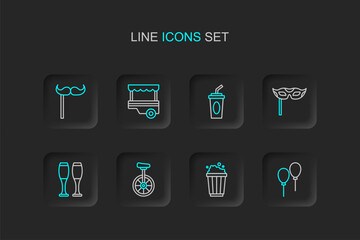 Set line Balloons with ribbon, Popcorn in cardboard box, Unicycle, Bowling pin, Festive mask, Paper glass water, Fast street food cart and mustache stick icon. Vector © Iryna