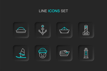 Set line Lighthouse, Speedboat, Sailor, Windsurfing, Folded paper, Anchor and hat icon. Vector