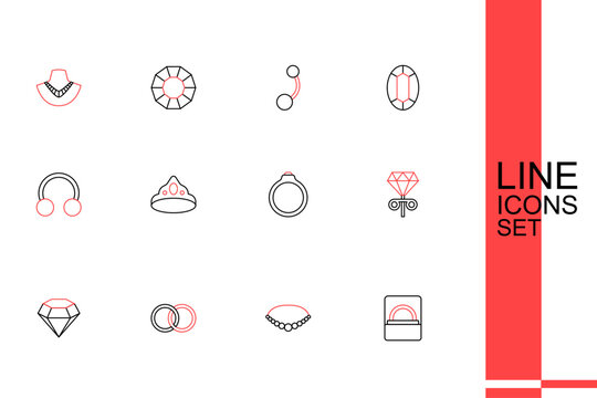 Set line Diamond engagement ring in box, Pearl necklace, Wedding rings, Stud earrings, King crown and Piercing icon. Vector