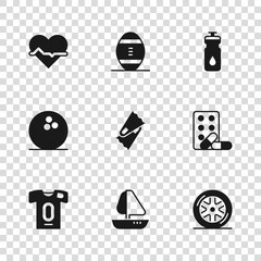 Set Yacht sailboat, Sports doping with dumbbell, Car wheel, Flippers for swimming, Fitness shaker, Heart rate, American Football ball and Bowling icon. Vector © Iryna