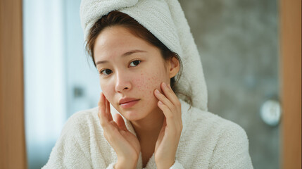 A young woman with a towel on her head and clear skin.