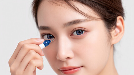 A woman applying eye drops with a focused expression.