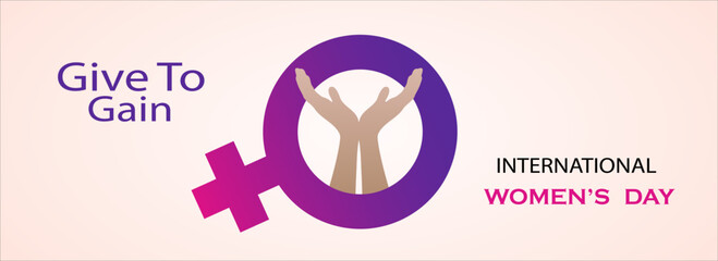 Purple female gender symbol with raised hands and Give To Gain text for International Women&rsquo;s Day.