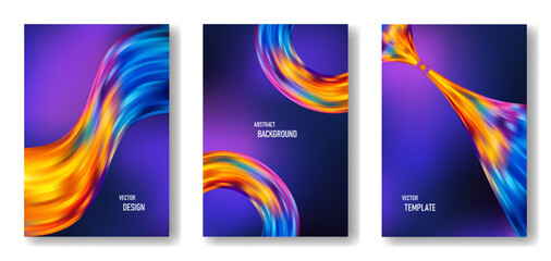 Abstract colorful wave background set with dynamic gradient flow shapes, vibrant neon swirl curves on dark backdrop, modern vector design templates collection