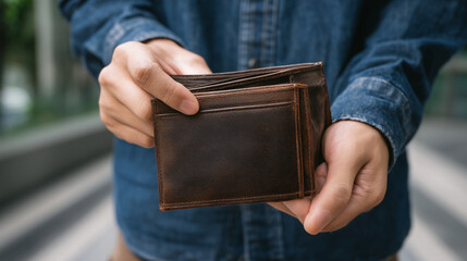 Person holding an empty brown leather wallet outdoors.