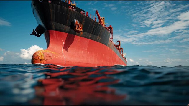Ultra Wide Low Angle Oil Tanker Bow Moving Through Blue Ocean Water, Massive Red Hull Cargo Ship at Sea, Dramatic Perspective from Water Level, Maritime Transport Industry Concept