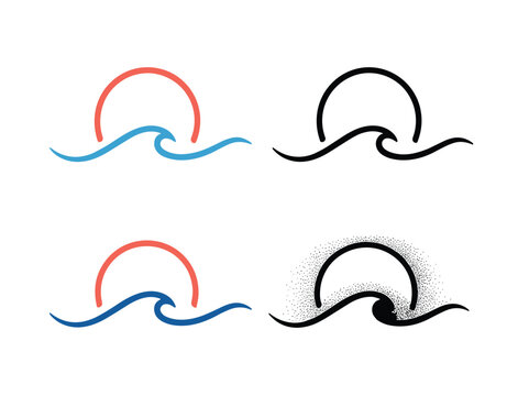 Four stylized icons of a sun setting over a wave in different artistic styles ocean sunset