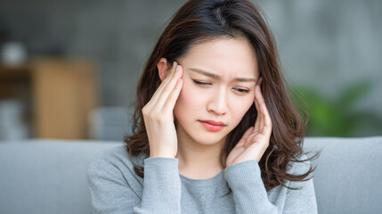 A woman appears to be experiencing discomfort or headache, holding her head with both hands.