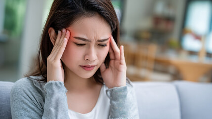 A woman appears to be experiencing a headache or stress, holding her temples.