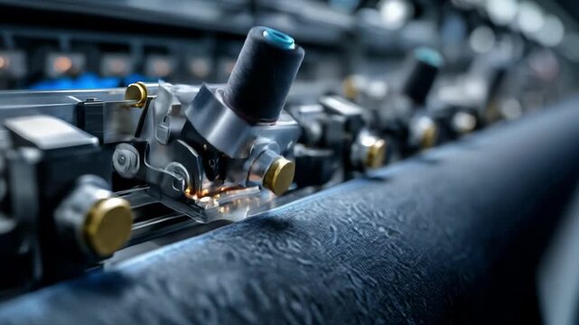 Closeup of an automated vision system scanning fabric for microscopic damage and tensile faults on a modern textile inspection machine.