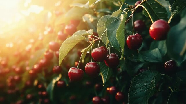 Cherry picking at a sunny orchard during summer harvest in the countryside