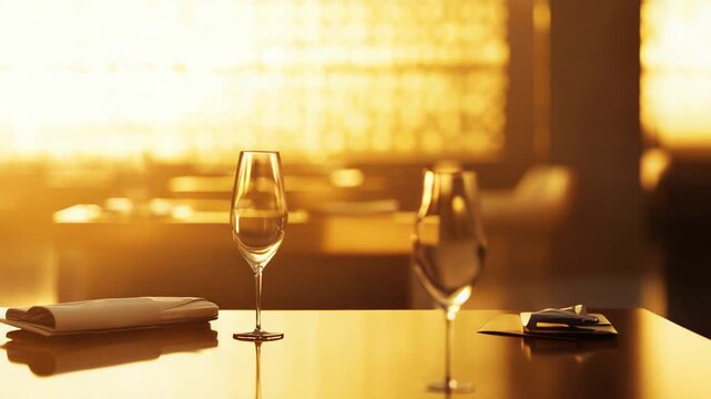 Empty champagne flutes and elegant tableware await guests on a reflective table surface inside a high end restaurant, bathed in the warm, inviting glow of golden hour light