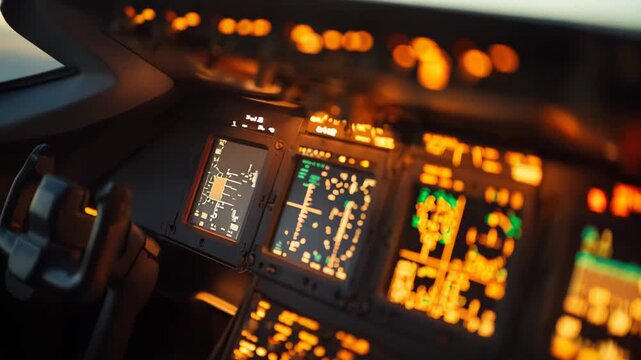 Aircraft cockpit featuring illuminated instrument panels, screens, and flight controls, highlighting advanced aviation technology and precision within the modern flight deck environment
