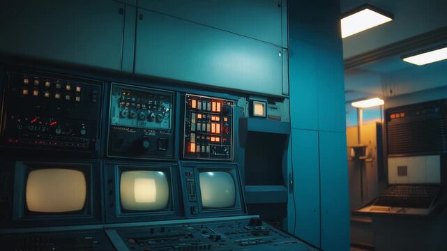 Retro control room with multiple blank monitors, panels of buttons, switches and gauges evoking vintage laboratory and surveillance tech, industrial sci fi command center ambiance