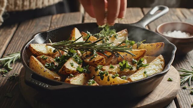 Roasted potatoes in cast iron pan with herbs and seasoning