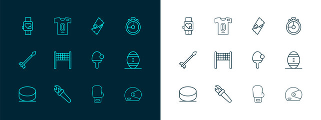 Set line Stopwatch, Torch flame, Racket, Boxing glove, Volleyball net, Flippers for swimming, Smart with heart and Football jersey and t-shirt icon. Vector © Iryna