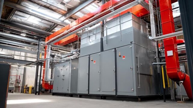 Medium shot of a commercial heat energy recovery system capturing and recycling dryer exhaust heat to boost industrial energy efficiency.