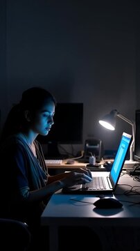 woman programmer is in a dark office working late. She types on her laptop under a desk lamp. The room is quiet, allowing her to focus on her work