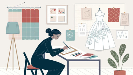 Fototapeta premium Fashion designer sketching new dress design in a bright studio, surrounded by fabric swatches, mannequins, and mood boards. Elegant flat illustration.