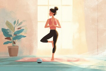 Digital painting of a female yogi in tree pose on a mat in a cozy home studio with a voice-enabled speaker