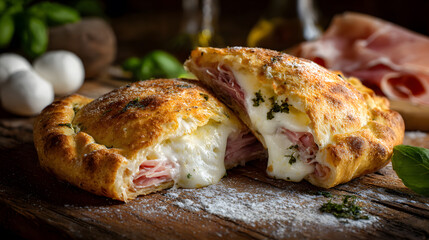 Italian calzone stuffed with prosciutto and melted mozzarella on parchment paper
