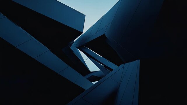 Modern architecture creating an abstract pattern with angular facets, sharp geometric shapes, and a cool, futuristic aesthetic through intersecting planes and reflective surfaces