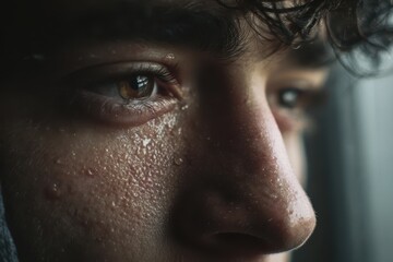 Fototapeta premium Glimpse of sorrow: close-up eyes with tears in a soft-lit portrait