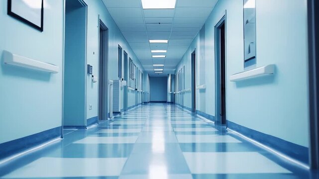 Long empty hospital corridor with blue walls and checkered floor, pristine sterile interior and reflective surfaces conveying modern healthcare, hygiene and clinical perspective