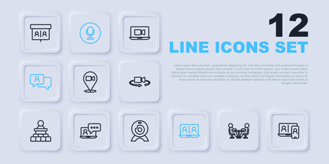 Obraz premium Set line Meeting, Video chat conference, Speech bubble, Microphone and Web camera icon. Vector