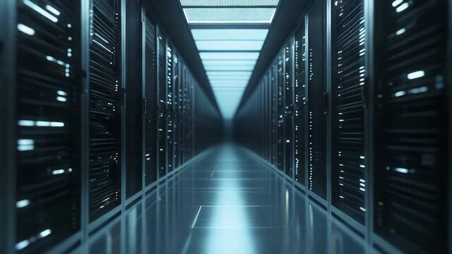 Data center racks standing in an endless server room corridor, processing vast amounts of information and enabling cloud computing and global networking infrastructure