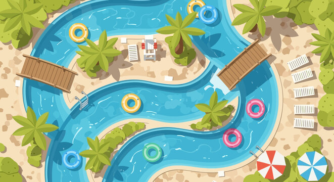 Aerial view of a tropical resort water park with winding pools, bridges, slides and palm-fringed lounge decks.
