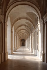 Obraz premium Empty interior corridor with repeating arches bathed in soft natural light