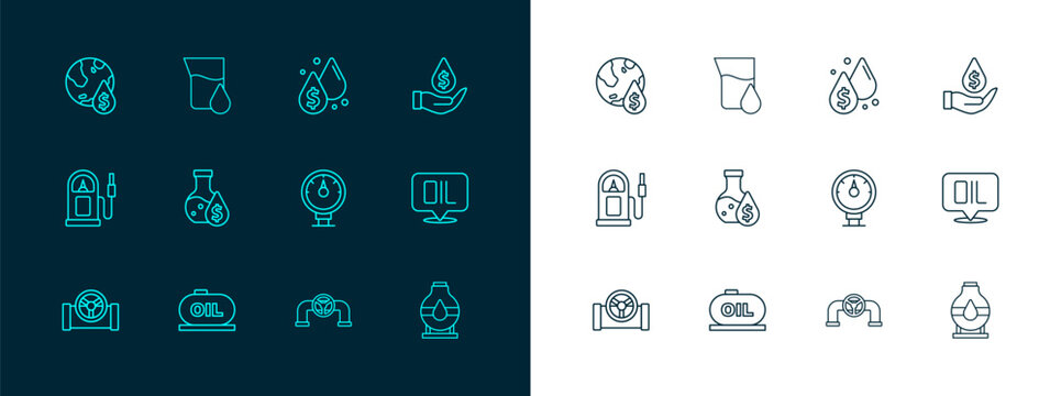 Set line Oil drop with dollar symbol, tank storage, Motor gas gauge, pipe valve, petrol test tube, and icon. Vector