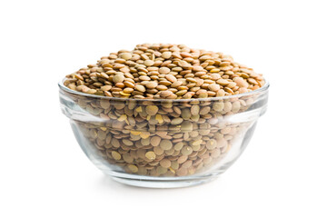 Uncooked green lentil in bowl isolated on white background.