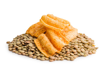 Crispy lentil chips isolated on white background.