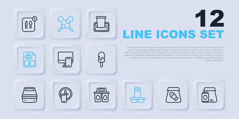 Set line Online ordering fish, food, Coffee cup to go, Restaurant cafe menu, Round the clock delivery, Meatballs on wooden stick and icon. Vector