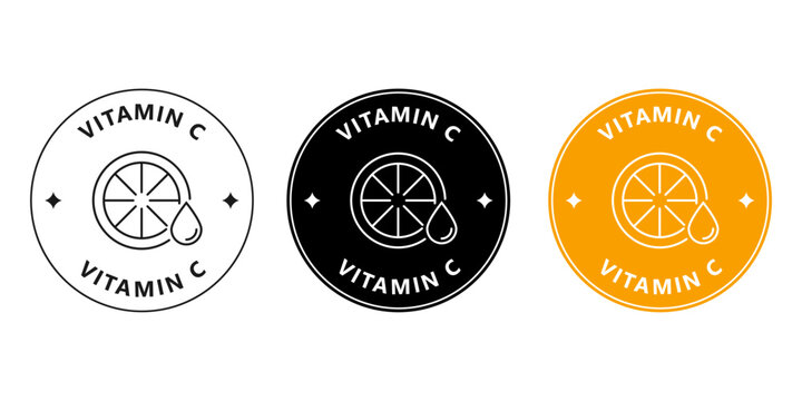 Round vitamin C sticker for cosmetic packaging. Brightening skincare badge with citrus icon.
