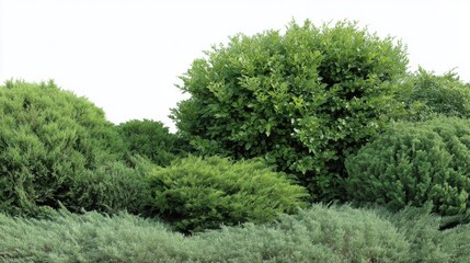 Obraz premium Green foliage arrangement with varied shrubs and trees in natural landscape.