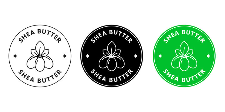 Round shea butter sticker for cosmetic packaging. Natural moisturizing skincare badge with shea nut icon.