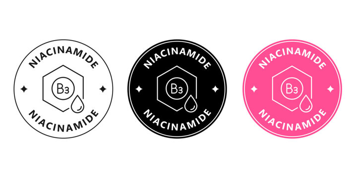 Round niacinamide sticker for cosmetic packaging. Brightening skincare badge with molecule icon.