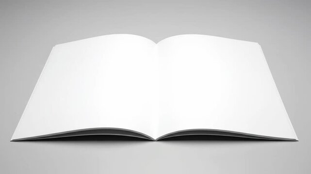 Showcase your design. Blank white open magazine pages flipping. Use for corporate branding presentations or digital publishing promotion.
