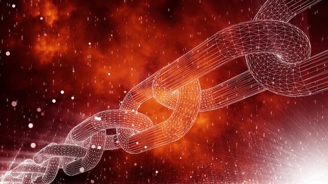 Rotating digital blockchain chain with falling binary code on fiery background, symbolizing cryptocurrency risk, cybercrime, mining and cybersecurity protection. Seamless looping.