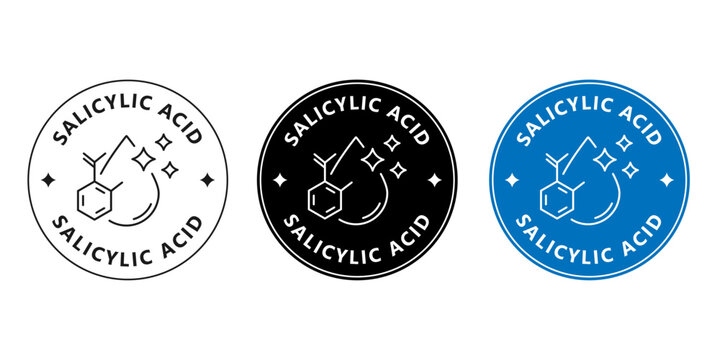 Round salicylic acid sticker for cosmetic packaging. Acne treatment skincare badge with molecule icon.