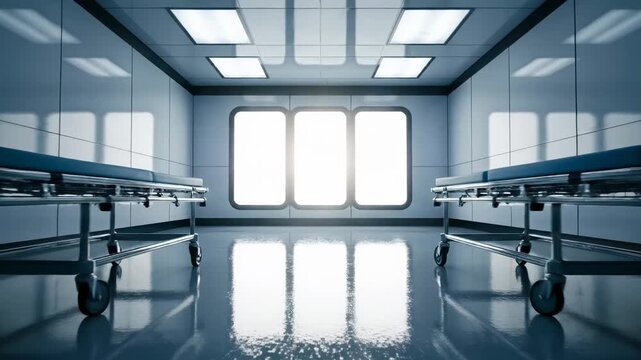 Eerie silence in a futuristic hospital hallway with two empty gurneys and bright windows, suitable for medical crisis or sci-fi concepts.