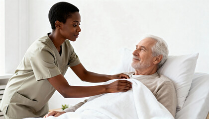 Obraz premium African American nurse adjusting blanket for elderly male patient in hospital bed. Young black female caregiver helping senior man at nursing home. Healthcare and compassion concept