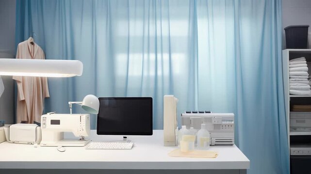 Modern home textile workshop with a sewing machine, overlock machine, computer, and organized storage shelves, ideal for fashion design and crafting projects